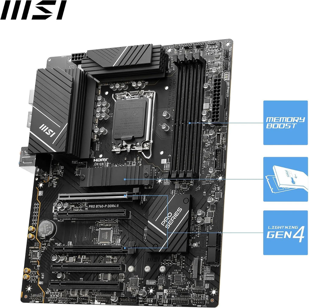 MSI PRO B760M-P DDR4 moderkort, Micro-ATX - Stöder Intel 12:e och 13:e generationens kärnprocessorer, LGA 1700 - DDR4 Memory Boost 4800+MHz/OC, PCIe 4.0 x16-kortplats, M.2 Gen4-kortplatser, olika