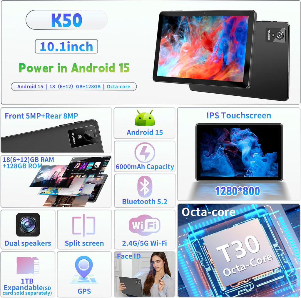 Tablet 10 tums Android 15 med 18 GB RAM 128 G ROM, Octa-Core