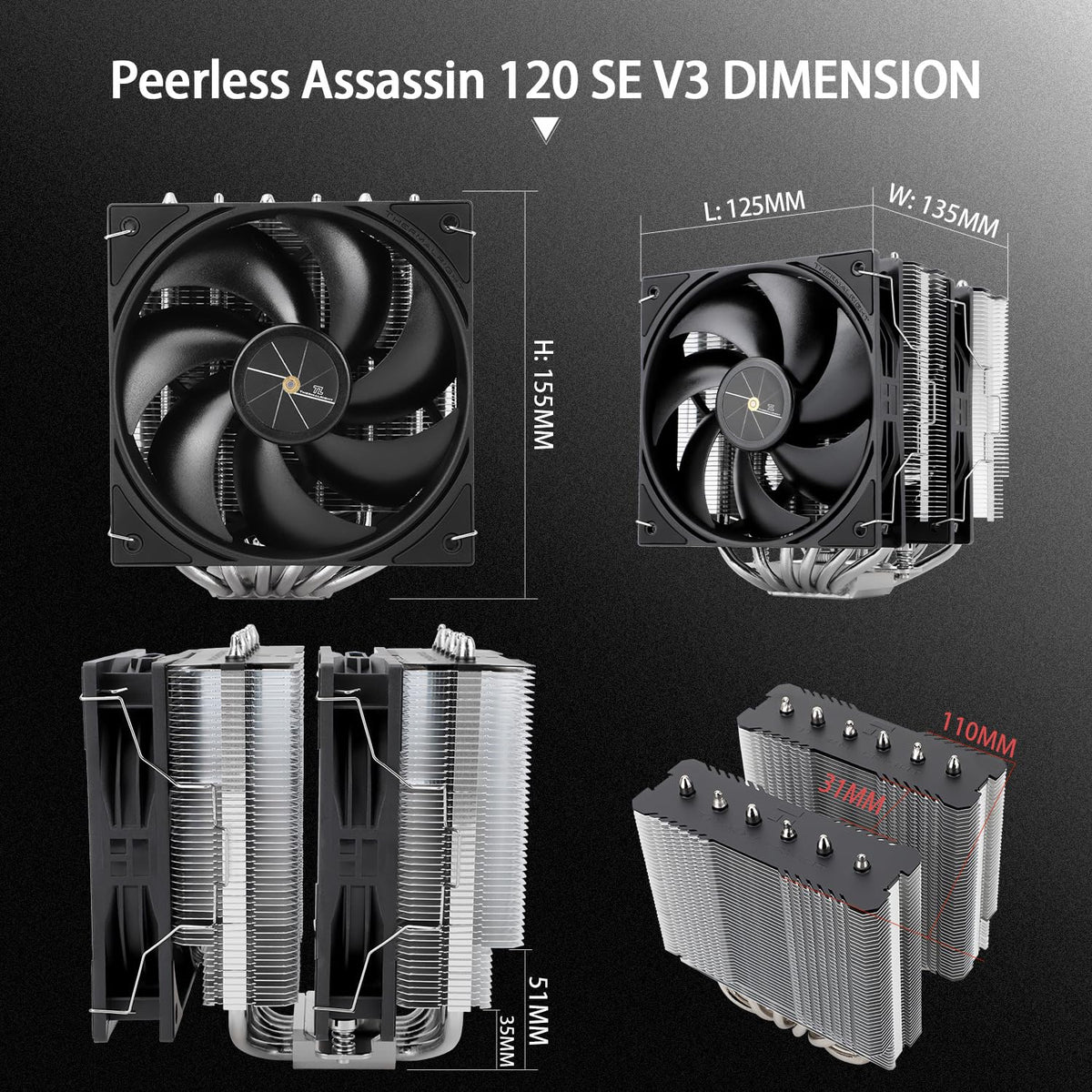 TR Peerless Assassin 120 SE svart, 6 värmerör, 2 x 155 mm, hög kylning PWM TL-C12C för AM4/AM5 och Intel LGA 1851/1700/1150/1151/1200 (svart, PA120SE)