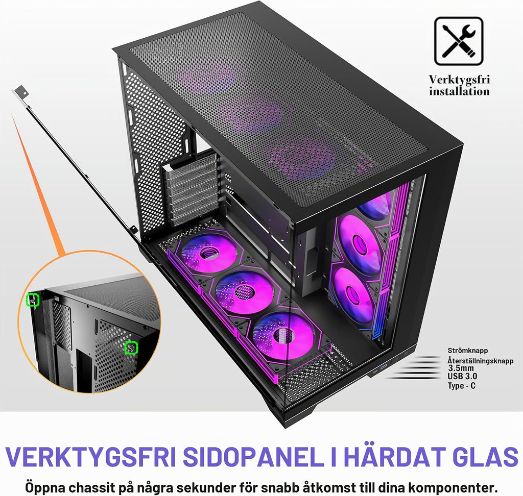 KEDIERS PC-hölje – förinstallerade 5-fläktar, ATX Mid Tower spelhölje, datorväska med öppnande sidopanel av härdat glas, svart G500