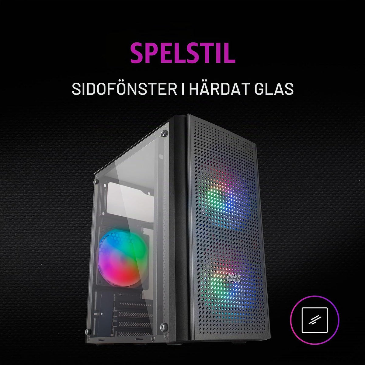 Mars Gaming MC300P rosa, Micro-ATX PC-hölje, härdat glas, meshfront, 3 x FRGB fläkt