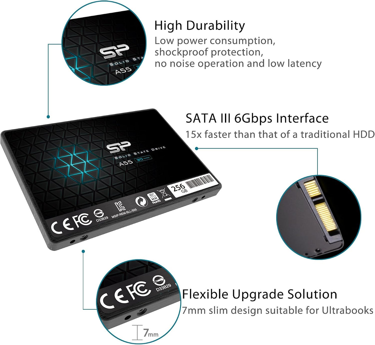 Silicon Power 256GB SSD 3D NAND A5X SLC Cache Performance Boost SATA III 2.5" Internal Solid State Drive SP256GBSS3A55S25AY