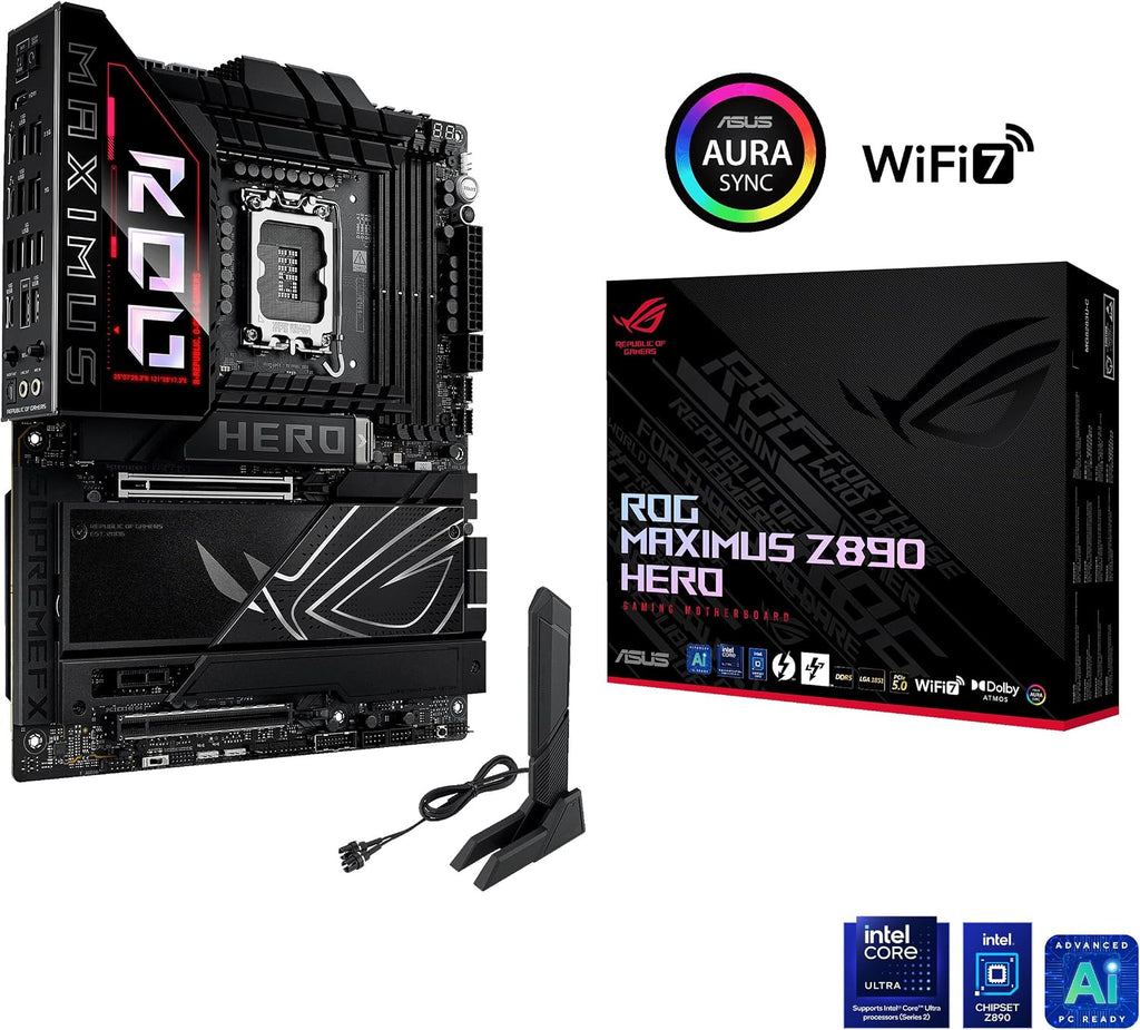 ASUS Intel ROG Maximus Z890 Hero ATX moderkort, 22+1+2+2 effektsteg, DDR5-kortplatser, PCIe 5.0 med fullt stöd för nästa generations GPU:er, sex M.2-kortplatser, WiFi 7, AI överklockning, PCIe Slot