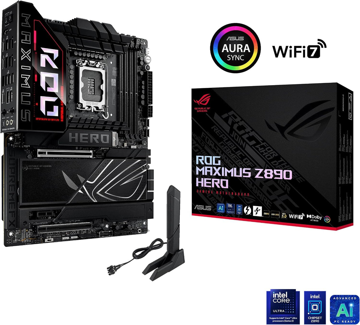 ASUS Intel ROG Maximus Z890 Hero ATX moderkort, 22+1+2+2 effektsteg, DDR5-kortplatser, PCIe 5.0 med fullt stöd för nästa generations GPU:er, sex M.2-kortplatser, WiFi 7, AI överklockning, PCIe Slot