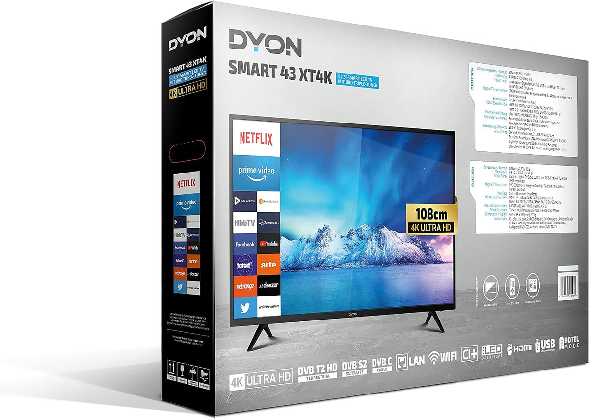 DYON Smart 40 VX-2 Full HD-TV, trippel HD-mottagare (DVB-C/-S2/-T2), App Store, Prime Video, Netflix, YouTube, DAZN, Disney+, svart