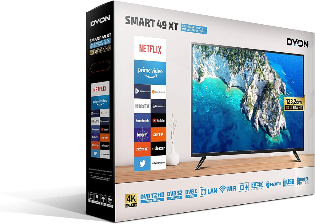 DYON Smart 40 VX-2 Full HD-TV, trippel HD-mottagare (DVB-C/-S2/-T2), App Store, Prime Video, Netflix, YouTube, DAZN, Disney+, svart