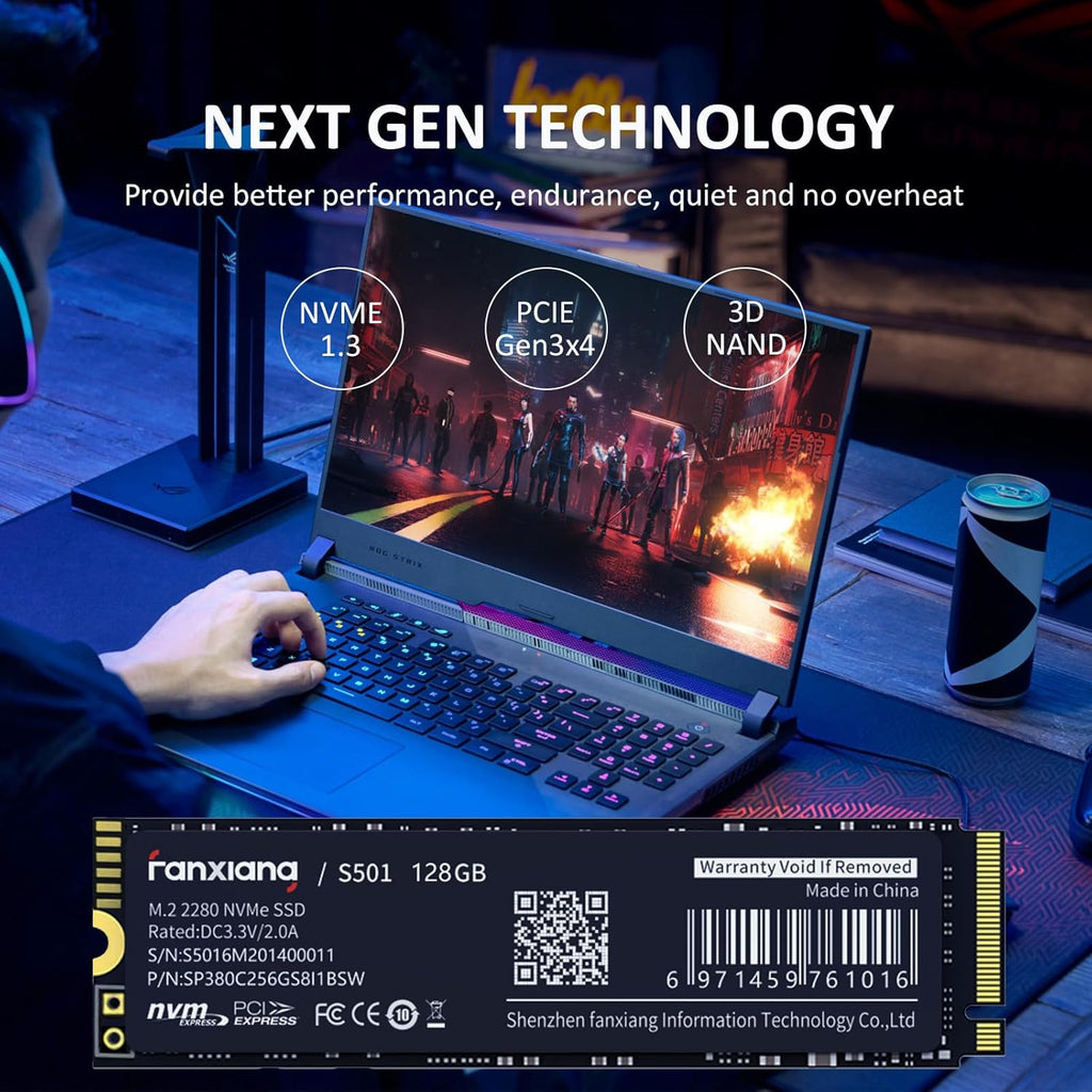 fanxiang M.2 SSD 128 GB, PCIe Gen3.0 x4 2280, upp till 1200 MB/s läsning, 128 GB NVMe SSD med grafen termisk pasta, bärbar dator och stationär dator, intern hårddisk