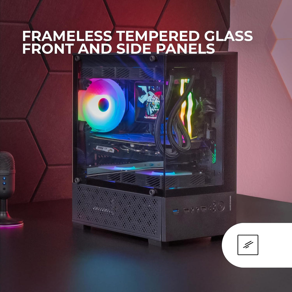 Mars Gaming MC-SE2, MicroATX Gaming Chassi, Härdat Glas Fram och Sida Utan Ram, 120mm FRGB Fläkt, Dubbelkammarsstruktur, Kompakt PC-Minitorn med Stor Intern Kapacitet, Svart