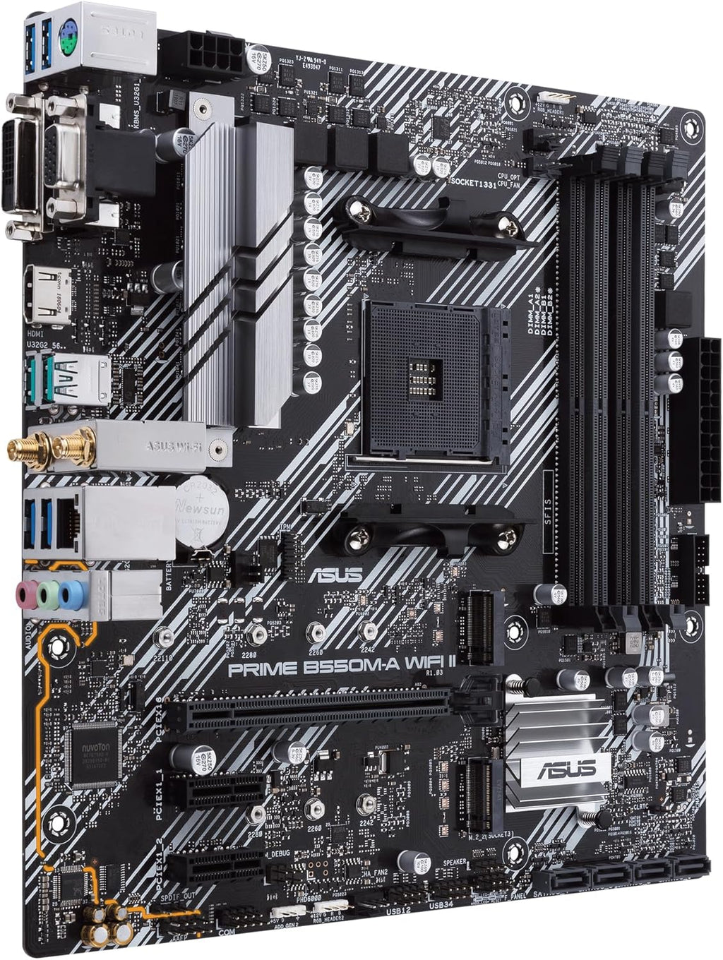ASUS PRIME B550M-A WiFi II MicroATX moderkort, AMD B550, Socket AM4, DDR4, PCI 4.0, Realtek 1GB LAN, WiFi 6 (802.11ax), 2xM.2, 4xSATA 6GB/s, 2xUSB 3.2 Gen 2, Stöd för Aura Sync RGB, Svart