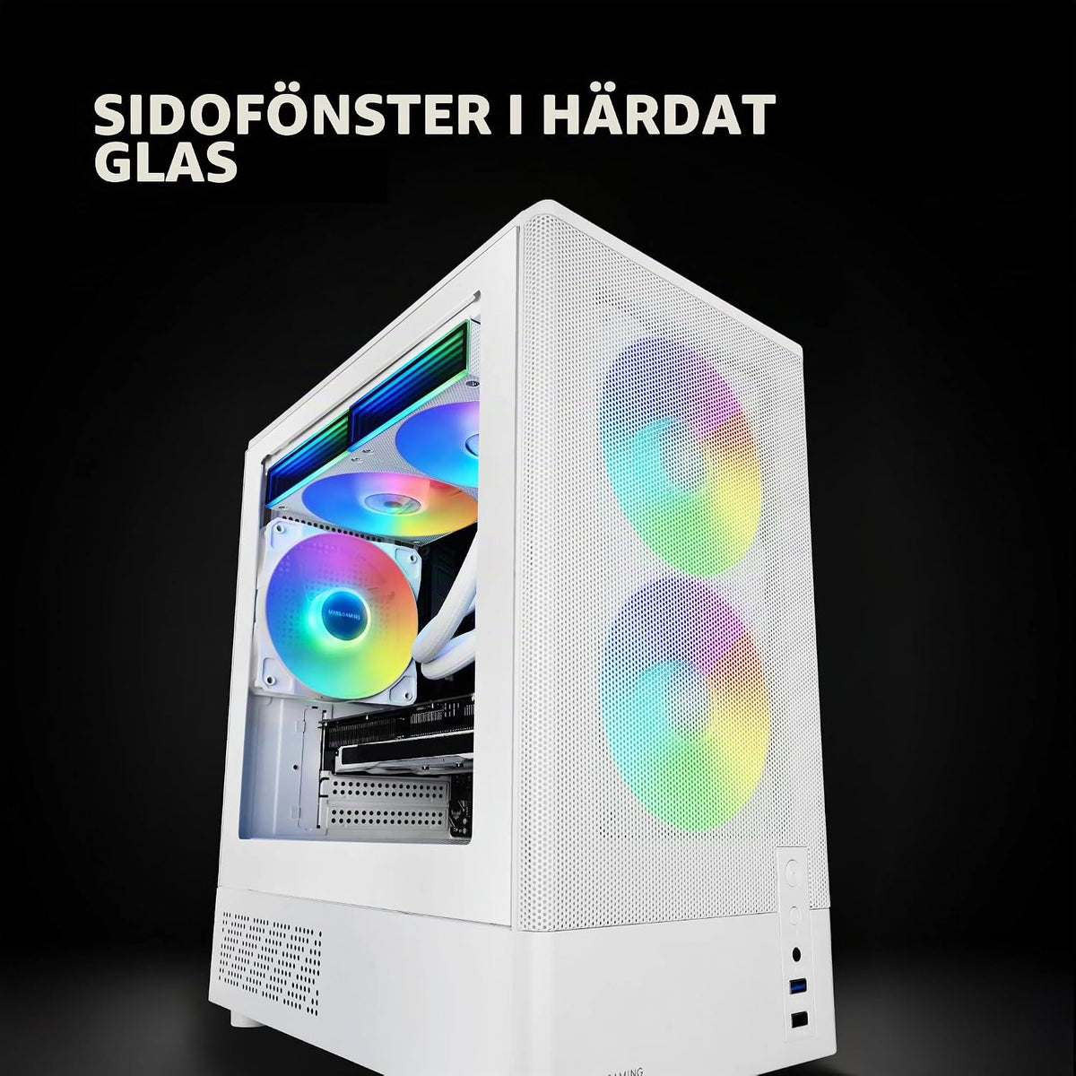 Mars Gaming MC-ONYX, MicroATX Gaming Chassi, Metallfront Mesh, Sidofönster i härdat glas, 3x ARGB FDB-fläktar, Dubbla kammare, Stöd för vätskekylning upp till 240mm, Vit