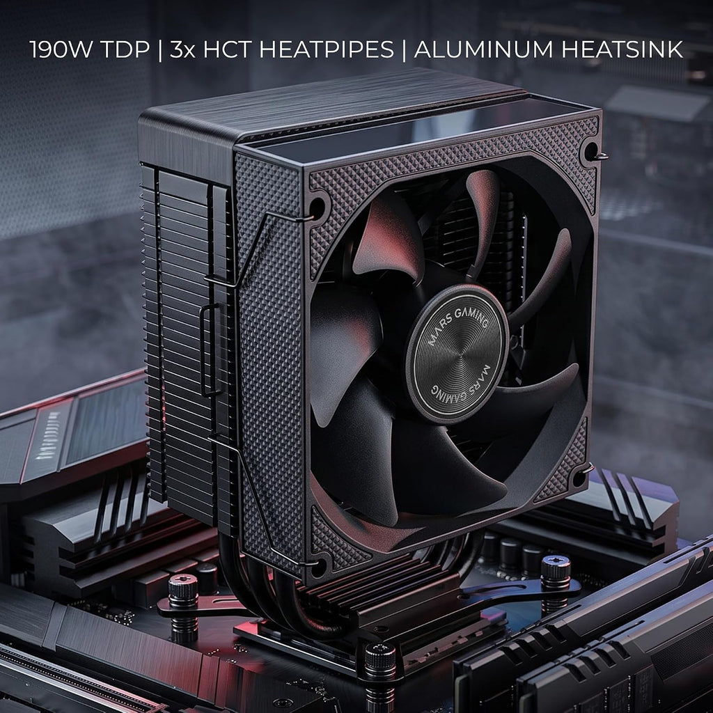 Mars Gaming MCPU-XPRO, CPU-Kylare 190W TDP, 3x HCT Heatpipes, Aluminiumkylfläns, 90mm FDB PWM-Fläkt, Kompakt Full Svart Design, Kompatibel med Intel och AMD-Socklar, Svart