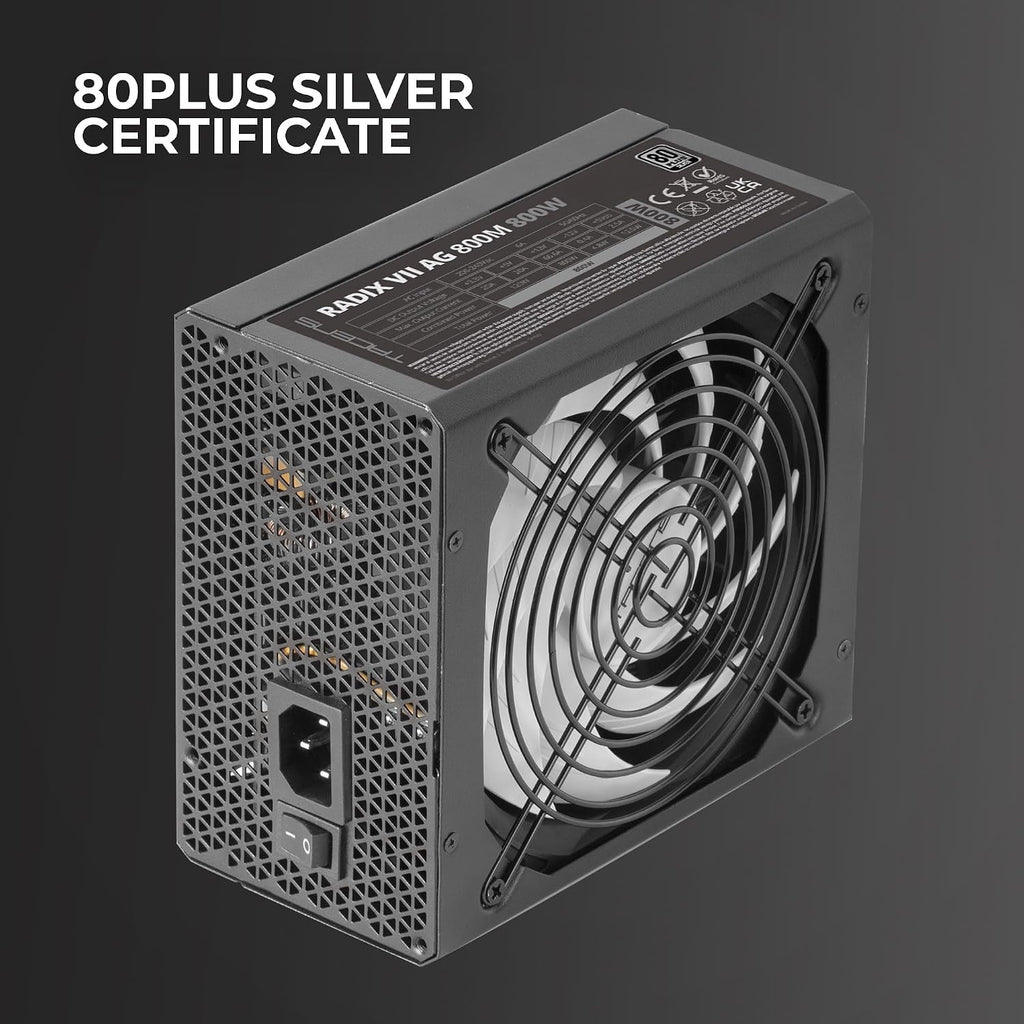 Tacens RADIX VII AG 800, full modul 800 W ATX strömförsörjning, 10 års garanti, 80Plus silver, +87% effektivitet, 140 mm FDB-fläkt med AI-RPM-teknik, japanska kondensatorer 105º, svart