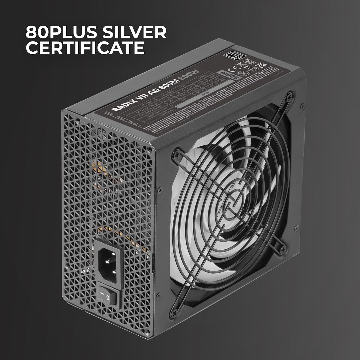 Tacens RADIX VII AG 800, full modul 800 W ATX strömförsörjning, 10 års garanti, 80Plus silver, +87% effektivitet, 140 mm FDB-fläkt med AI-RPM-teknik, japanska kondensatorer 105º, svart