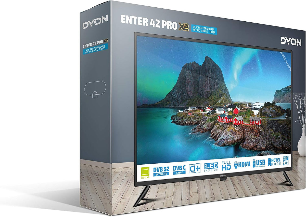 DYON Smart 40 VX-2 Full HD-TV, trippel HD-mottagare (DVB-C/-S2/-T2), App Store, Prime Video, Netflix, YouTube, DAZN, Disney+, svart