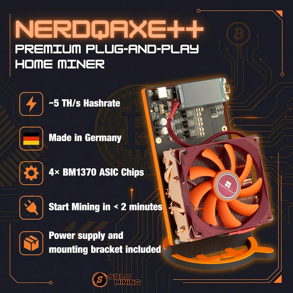 NerdQaxe++ | Tillverkad i Tyskland | 5 TH/s | Bitcoin Miner – Premium Plug and Play Home Miner | inkl. strömförsörjning och hållare