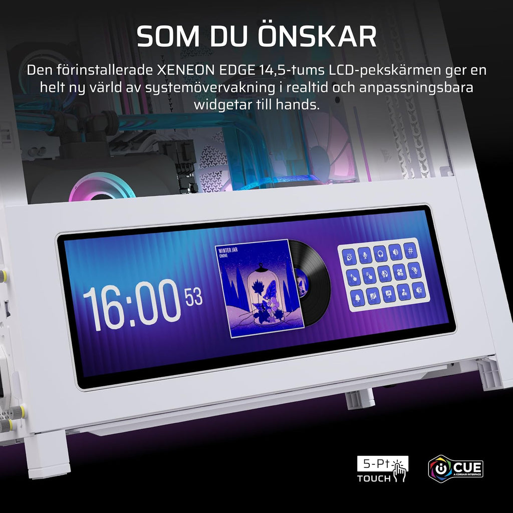 CORSAIR FRAME 4000D LCD RS ARGB Miditower-Datorchassi – XENEON EDGE 14,5-Tums LCD-Pekskärm - InfiniRail-Fläktmonteringssystem, 4x RS120 ARGB-Fläktar - Stöder Reverse-Connector Moderkort – Vit