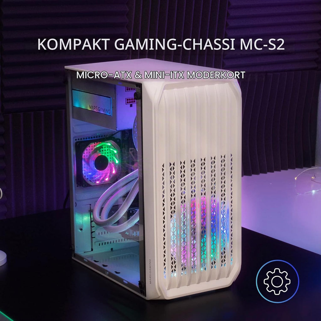 Mars Gaming MC-S2, ultrakompakt Micro-ATX PC-fodral, främre galler, 2x FRGB-fläktar, spelfodral för helsidofönster, stöder vätskekylning upp till 240 mm, vit