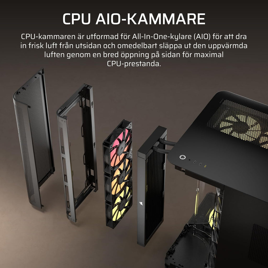 CORSAIR AIR 5400 RS-R ARGB Mid-Tower PCchassi Panoramaglasdesign Med Tre Kammare – 3x Förinstallerad RS120-R ARGB Omvänd Rotor, Isolerad 360mm AIOkammare, Omvänd Anslutning Moderkorts Stöd – Svart