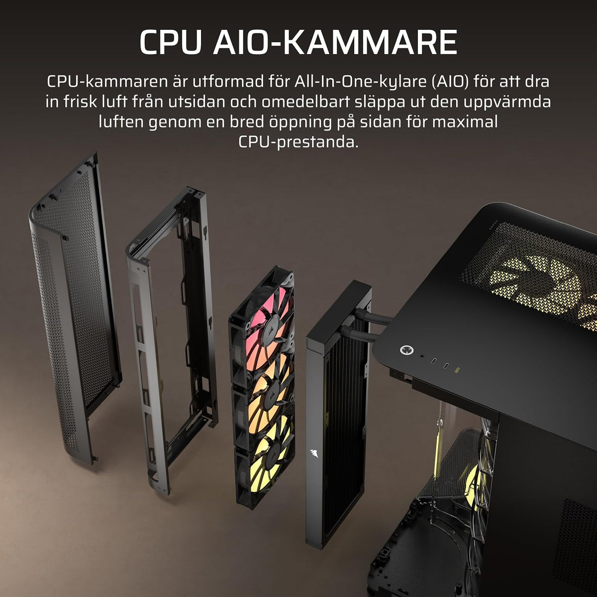 CORSAIR AIR 5400 RS-R ARGB Mid-Tower PCchassi Panoramaglasdesign Med Tre Kammare – 3x Förinstallerad RS120-R ARGB Omvänd Rotor, Isolerad 360mm AIOkammare, Omvänd Anslutning Moderkorts Stöd – Svart