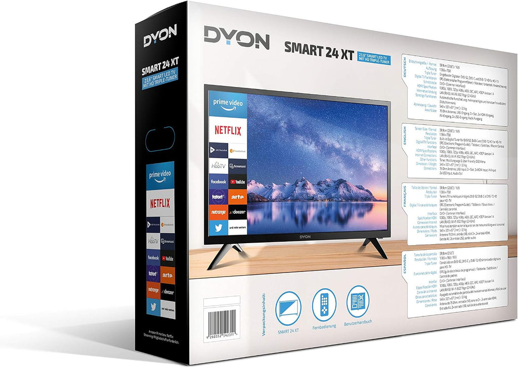 DYON Smart 40 VX-2 Full HD-TV, trippel HD-mottagare (DVB-C/-S2/-T2), App Store, Prime Video, Netflix, YouTube, DAZN, Disney+, svart