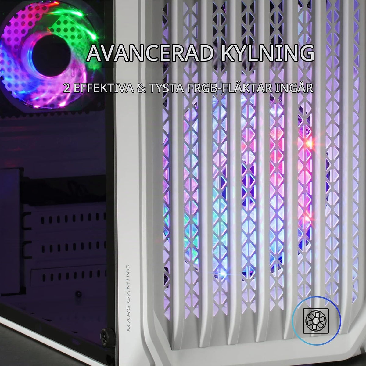 Mars Gaming MC-S2, ultrakompakt Micro-ATX PC-fodral, främre galler, 2x FRGB-fläktar, spelfodral för helsidofönster, stöder vätskekylning upp till 240 mm, vit