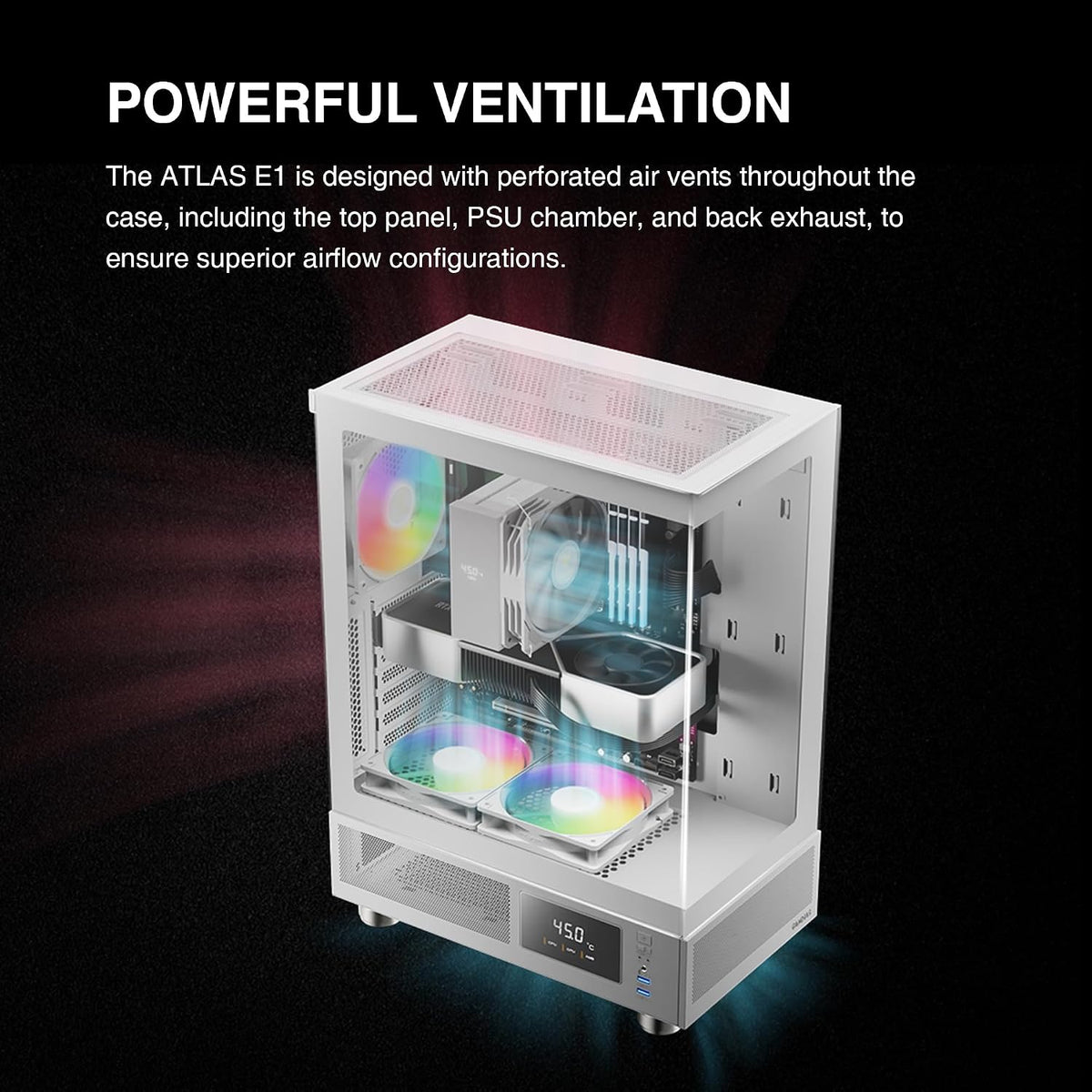 GAMDIAS ATLAS E1 WH Gaming ATX Mid Tower Datorfodral, anpassad bildskärm med programvara, 3 x 120 mm ARGB-fläktar (2 baksida), panorama härdat glasskärm, perforerad luftflödesventil PSU-kammare, vit