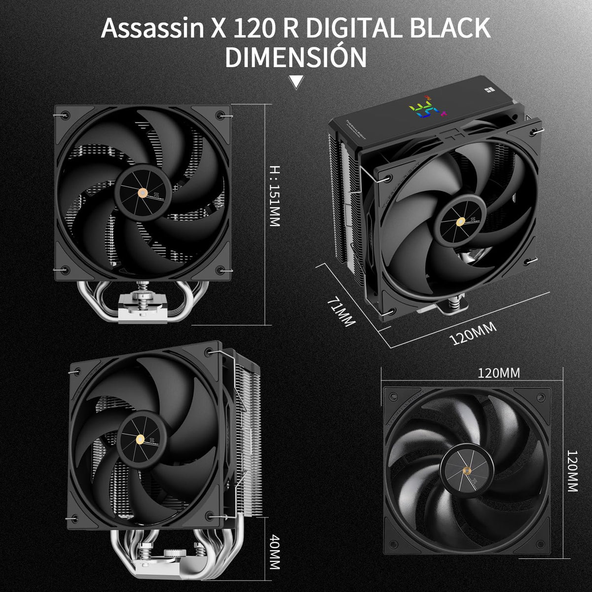 Thermalright Assassin X 120R svart digital CPU-kylare, topp digital skärm, kylfläns dator, stöd AM4/AM5, Intel LGA1851/1700/115X/1200