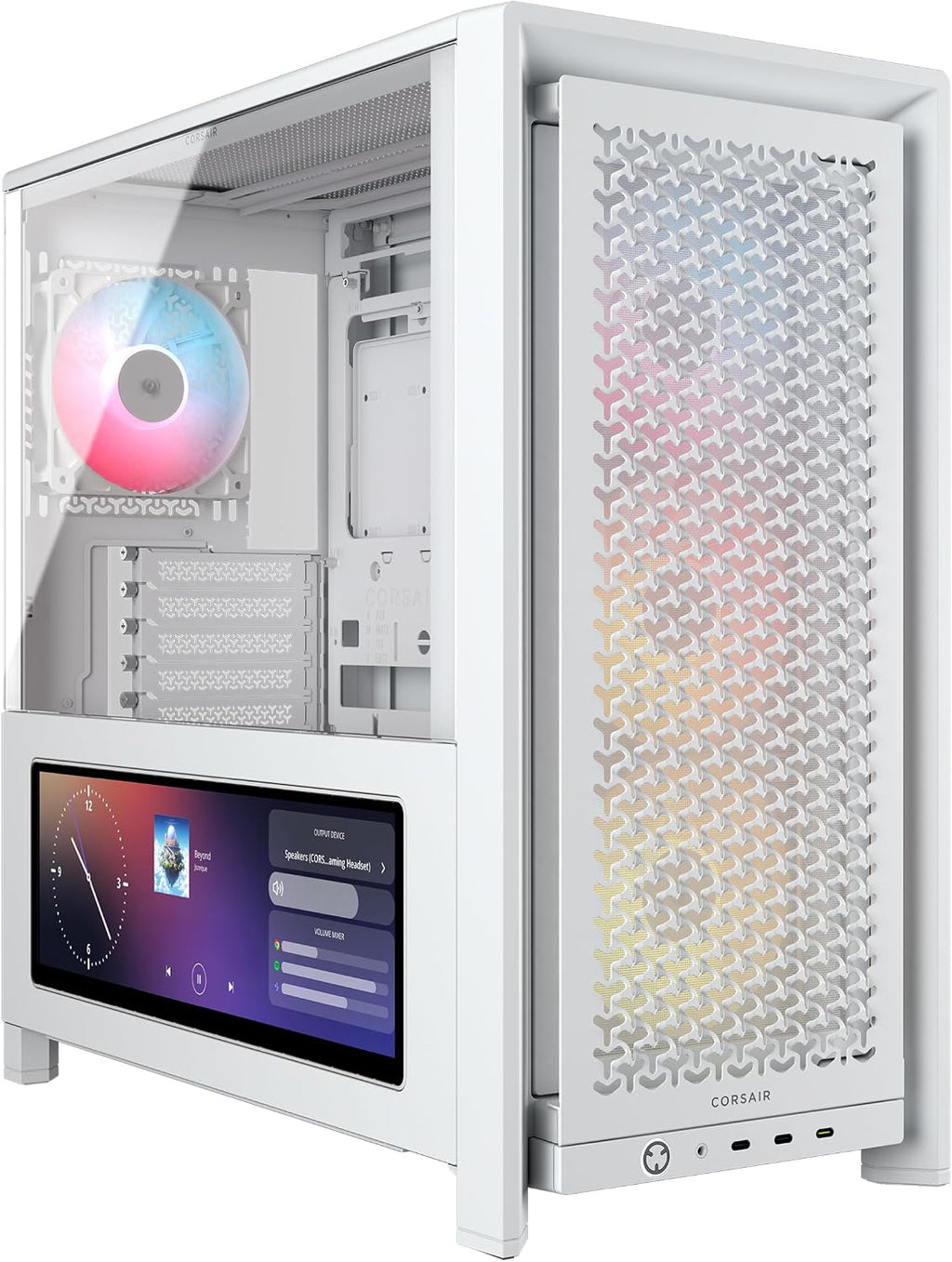 CORSAIR FRAME 4000D LCD RS ARGB Miditower-Datorchassi – XENEON EDGE 14,5-Tums LCD-Pekskärm - InfiniRail-Fläktmonteringssystem, 4x RS120 ARGB-Fläktar - Stöder Reverse-Connector Moderkort – Vit