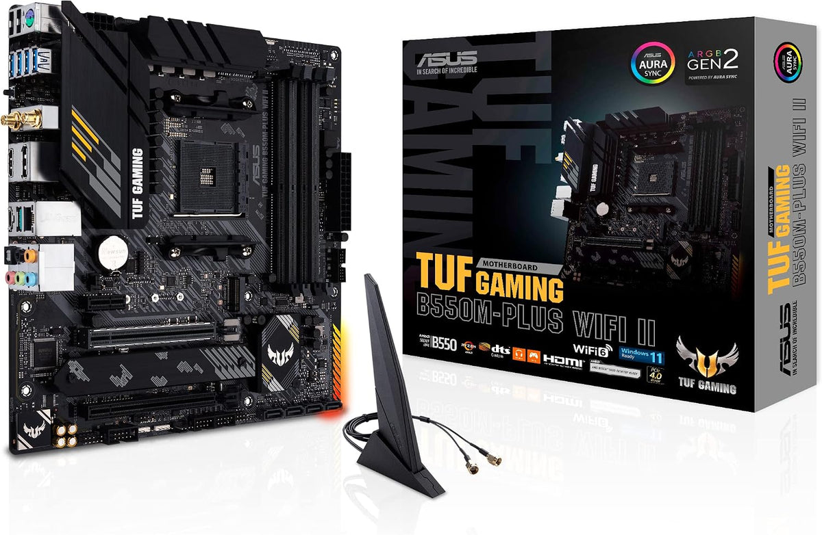 Asus TUF Gaming B450-Plus II moderkortsbas AM4 (ATX, AMD Ryzen, DDR4-minne, M.2, USB 3.1 Gen1+ Gen2, Aura Sync, Ai brusreducerande mikrofon)
