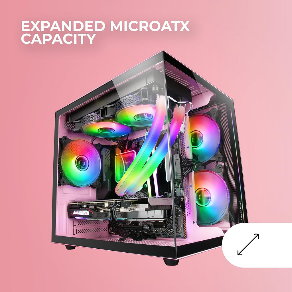 Mars Gaming MC-S1, ultrakompakt Micro-ATX PC-fodral, ARGB frontbelysning 12 lägen, FRGB-fläkt, spelfodral för helsidofönster, stöder vätskekylare upp till 120 mm, rosa