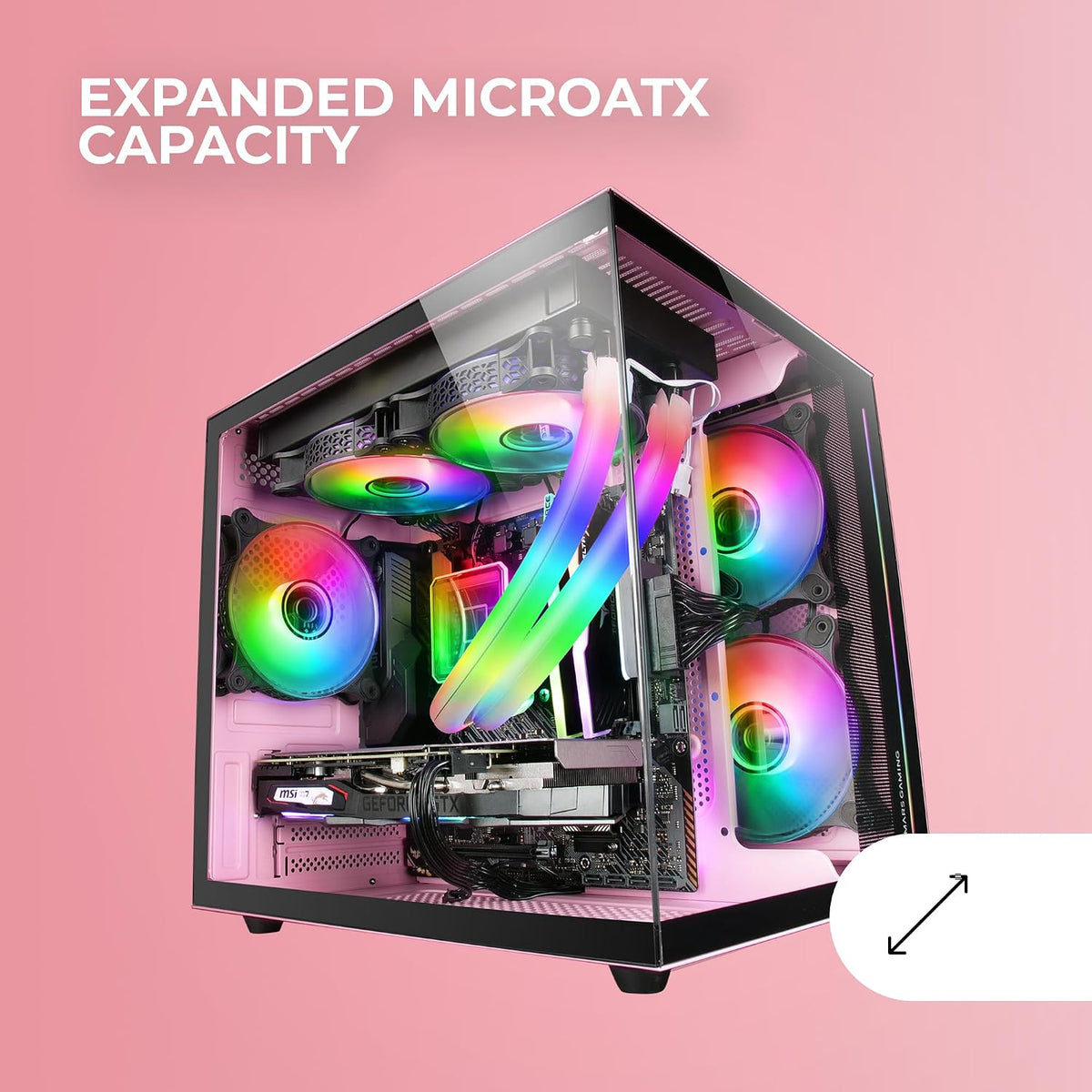 Mars Gaming MC-S1, ultrakompakt Micro-ATX PC-fodral, ARGB frontbelysning 12 lägen, FRGB-fläkt, spelfodral för helsidofönster, stöder vätskekylare upp till 120 mm, rosa