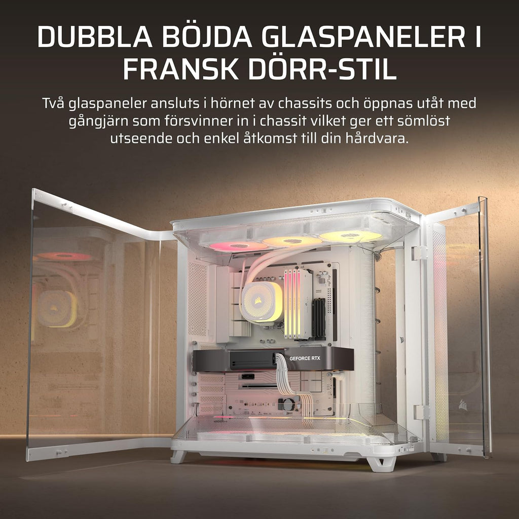 CORSAIR AIR 5400 RS-R ARGB Mid-Tower PCchassi Panoramaglasdesign Med Tre Kammare – 3x Förinstallerad RS120-R ARGB Omvänd Rotor, Isolerad 360mm AIOkammare, Omvänd Anslutning Moderkorts Stöd – Svart