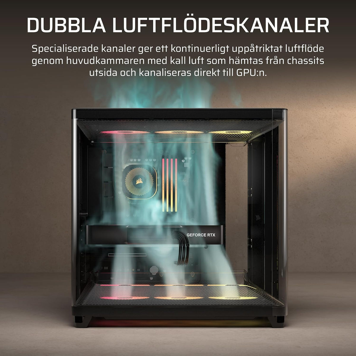 CORSAIR AIR 5400 RS-R ARGB Mid-Tower PCchassi Panoramaglasdesign Med Tre Kammare – 3x Förinstallerad RS120-R ARGB Omvänd Rotor, Isolerad 360mm AIOkammare, Omvänd Anslutning Moderkorts Stöd – Svart