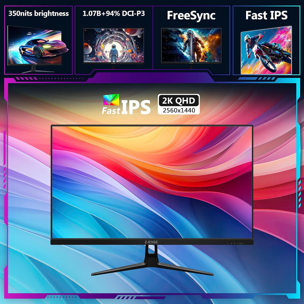 Z-Edge Gaming Datorskärm 27" 2K, Fast IPS, 180Hz/165Hz, 2560x1440, 94% DCI-P3, 1ms, FreeSync, 1,07M, Gaming Skärm Ultratunn Ram, Justerbar Lutning, 2×HDMI (144Hz), 2×DP1.4 (180Hz), VESA