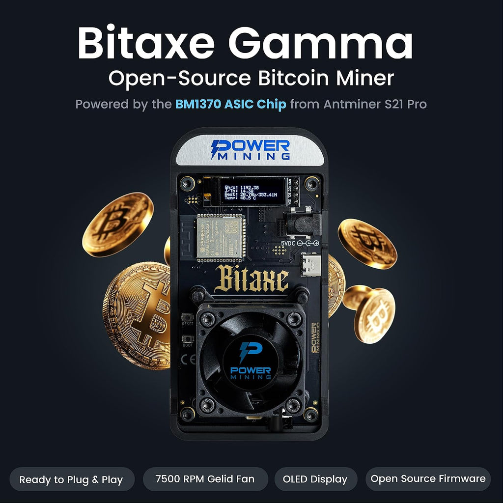 Bitaxe Gamma 601 ASIC Bitcoin Miner | 1,1 TH/s @ 18W | BM1370 Chip (Antminer S21 Pro) | Wi-Fi | USB-C | AxeOS | Öppen källa | Tillverkad i Europa
