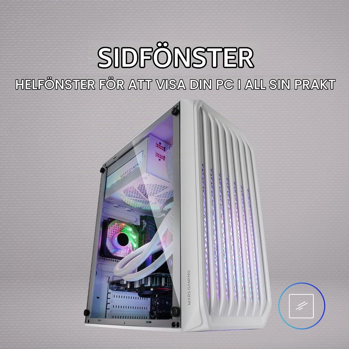 Mars Gaming MC-S2, ultrakompakt Micro-ATX PC-fodral, främre galler, 2x FRGB-fläktar, spelfodral för helsidofönster, stöder vätskekylning upp till 240 mm, vit