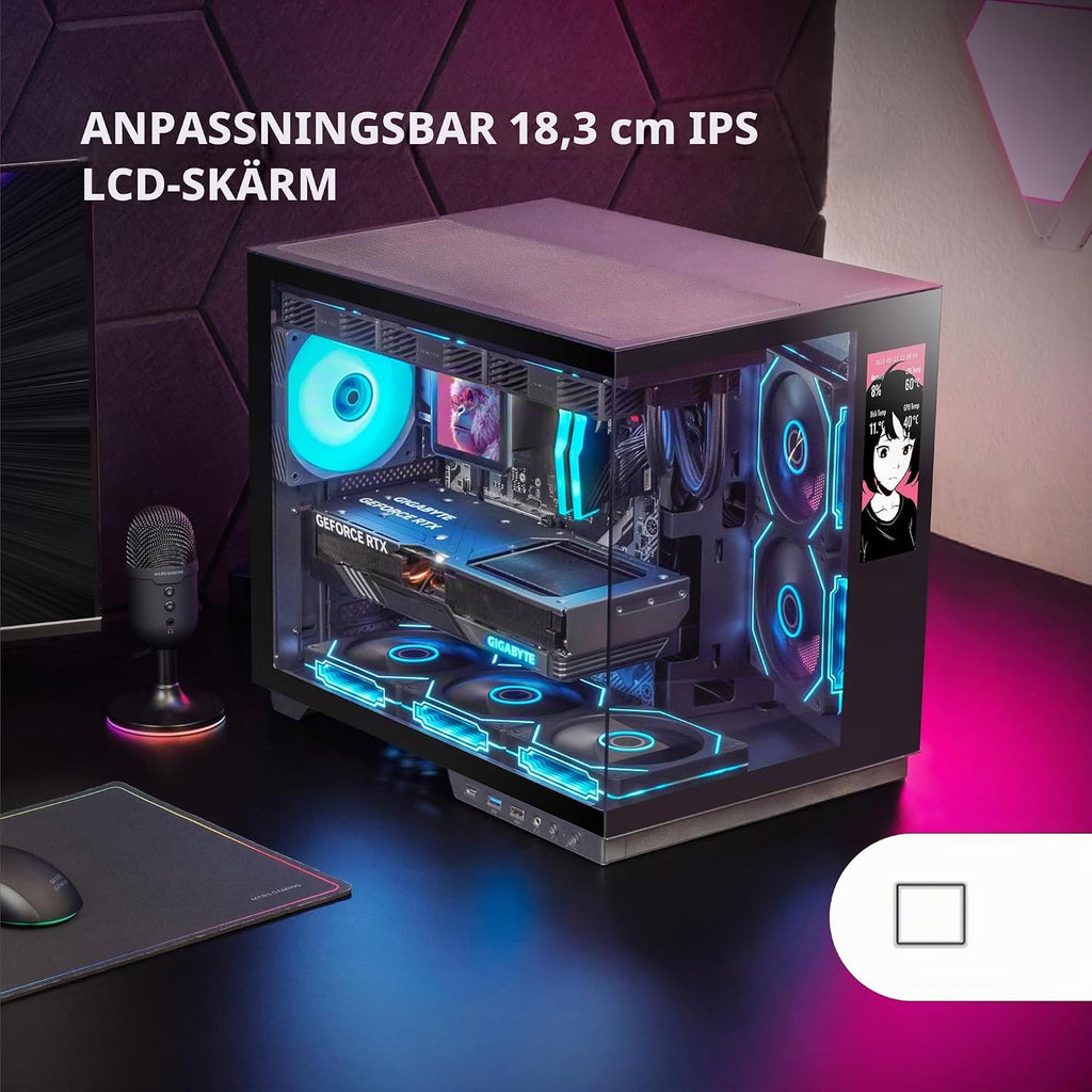 Mars Gaming MC-MIRAGE, Gaming Chassi ATX, 7,2” Anpassningsbar LCD IPS Skärm, Kontinuerat Härdat Glas Front + Sida, Dubbelkammare Struktur, Stöd för Vätskekylning upp till 360mm, Svart