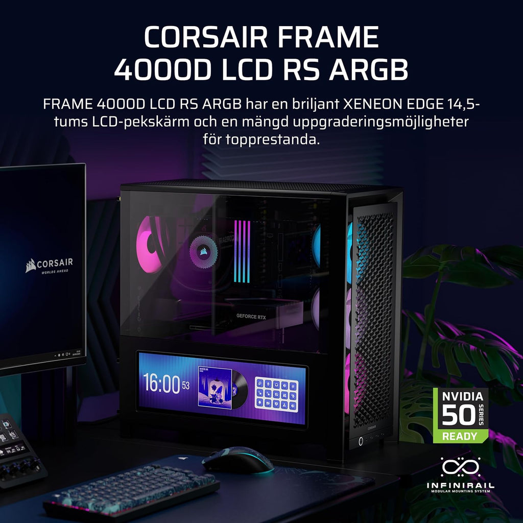 CORSAIR FRAME 4000D LCD RS ARGB Miditower-Datorchassi – XENEON EDGE 14,5-Tums LCD-Pekskärm - InfiniRail-Fläktmonteringssystem, 4x RS120 ARGB-Fläktar - Stöder Reverse-Connector Moderkort – Vit