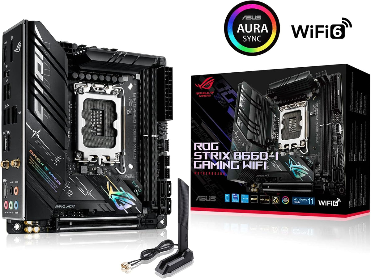 ASUS ROG Strix B760-I Gaming WiFi - Intel B760 LGA 1700 Mini ITX moderkort (DDR5, 8 + 1 DrMOS, PCIe 5.0, 2 x PCIe 4.0 M.2, wifi 6E, 2.5G Ethernet, USB 3.2 Gen 2 x 2 Type-C, Aura Sync RGB)