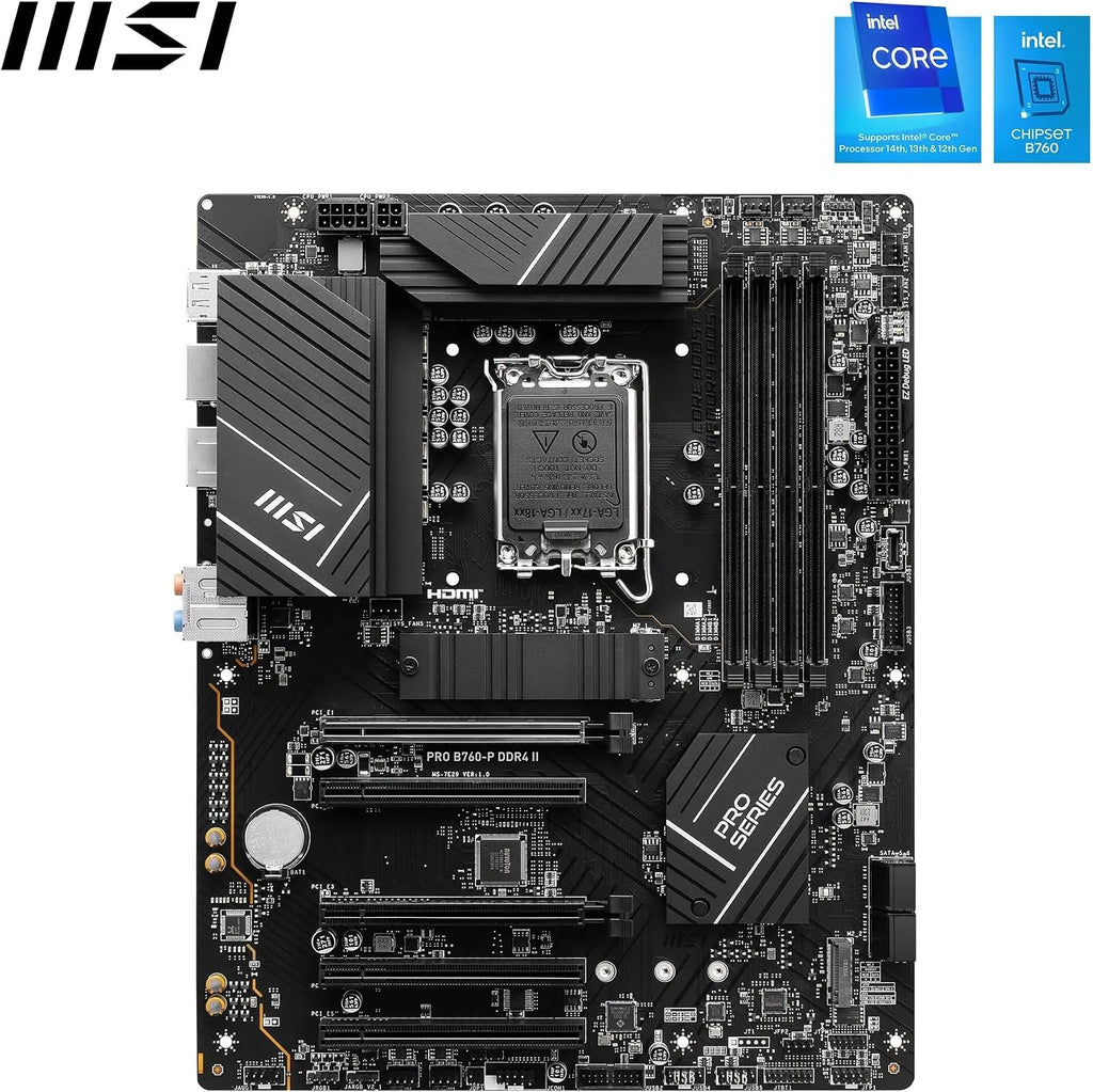 MSI PRO B760M-P DDR4 moderkort, Micro-ATX - Stöder Intel 12:e och 13:e generationens kärnprocessorer, LGA 1700 - DDR4 Memory Boost 4800+MHz/OC, PCIe 4.0 x16-kortplats, M.2 Gen4-kortplatser, olika