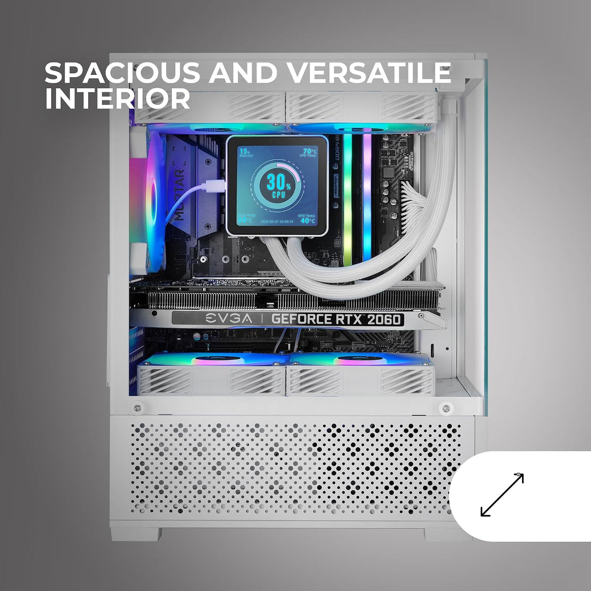 Mars Gaming MC-SE2, MicroATX Gaming Chassi, Härdat Glas Fram och Sida Utan Ram, 120mm FRGB Fläkt, Dubbelkammarsstruktur, Kompakt PC-Minitorn med Stor Intern Kapacitet, Vit