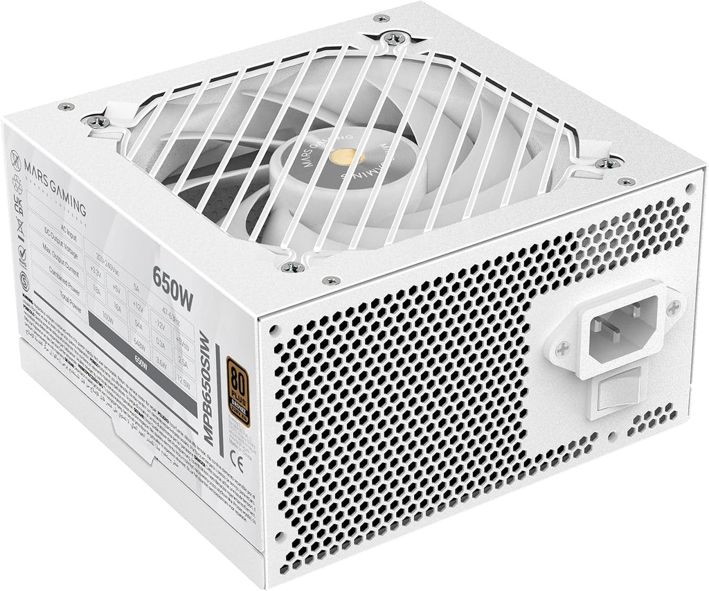 Mars Gaming MPB650SI, ATX Nätaggregat för PC 650W, 7 Års Garanti, 80Plus Bronze 230V, 90% Effektivitet, SI Extreme Silence-fläkt med Kopparkärna, AI2-RPM, DC-DC och SMD-teknologier, Vit