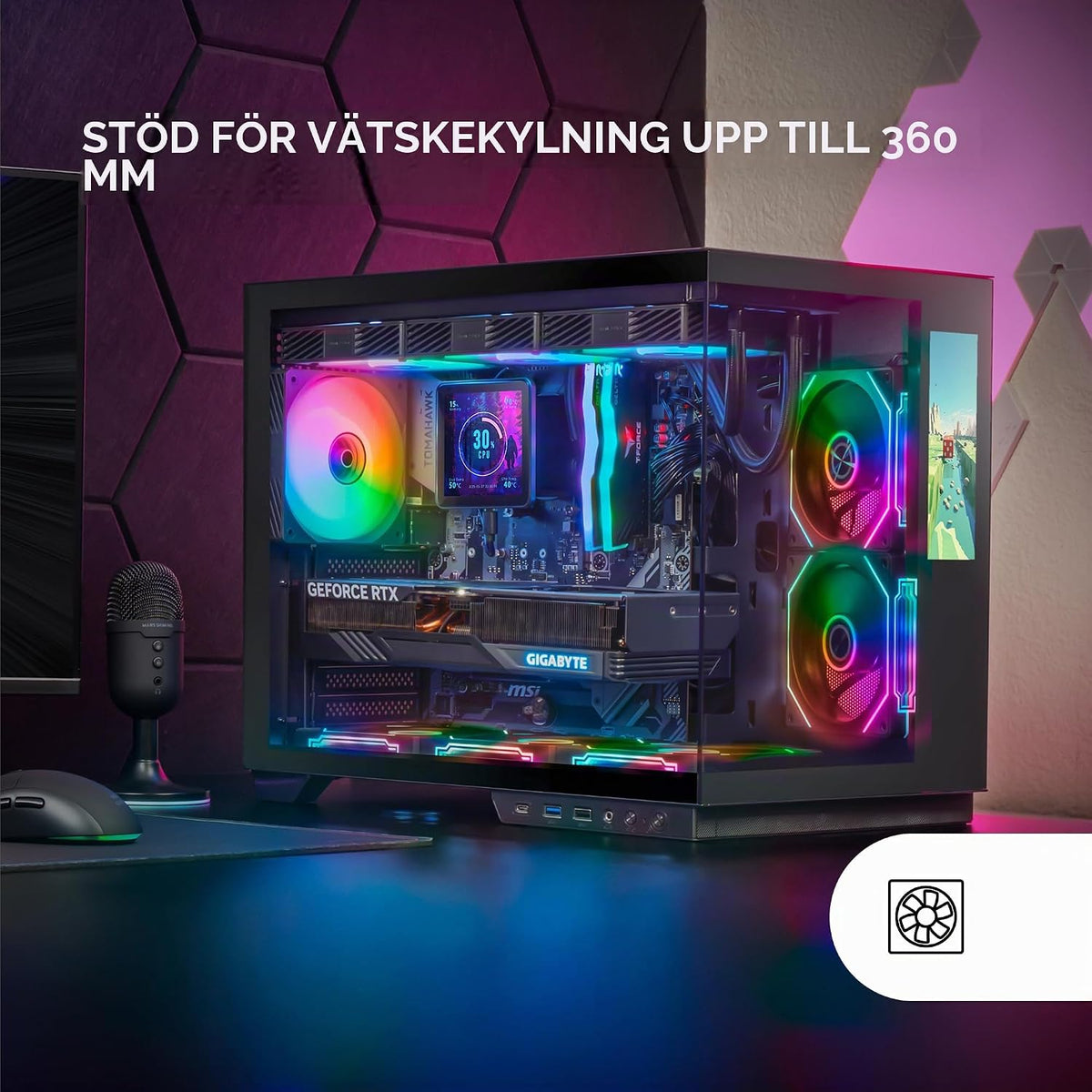 Mars Gaming MC-MIRAGE, Gaming Chassi ATX, 7,2” Anpassningsbar LCD IPS Skärm, Kontinuerat Härdat Glas Front + Sida, Dubbelkammare Struktur, Stöd för Vätskekylning upp till 360mm, Svart