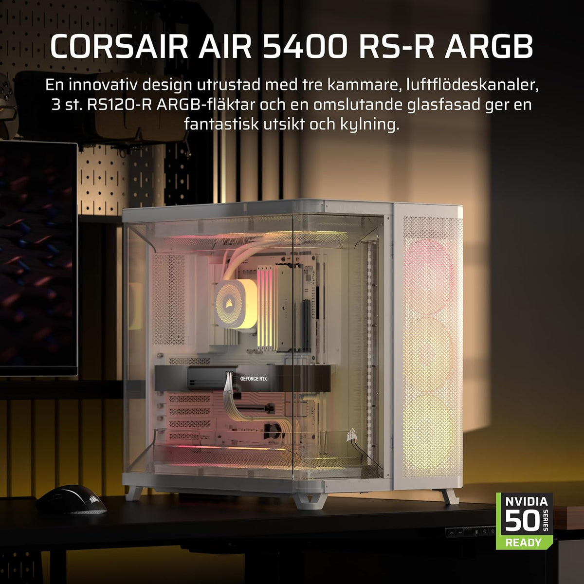 CORSAIR AIR 5400 RS-R ARGB Mid-Tower PCchassi Panoramaglasdesign Med Tre Kammare – 3x Förinstallerad RS120-R ARGB Omvänd Rotor, Isolerad 360mm AIOkammare, Omvänd Anslutning Moderkorts Stöd – Svart
