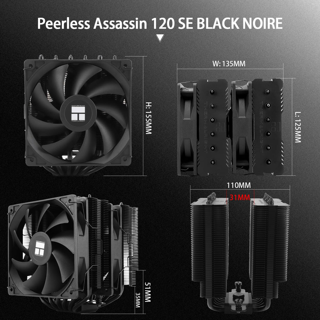 TR Peerless Assassin 120 SE svart, 6 värmerör, 2 x 155 mm, hög kylning PWM TL-C12C för AM4/AM5 och Intel LGA 1851/1700/1150/1151/1200 (svart, PA120SE)