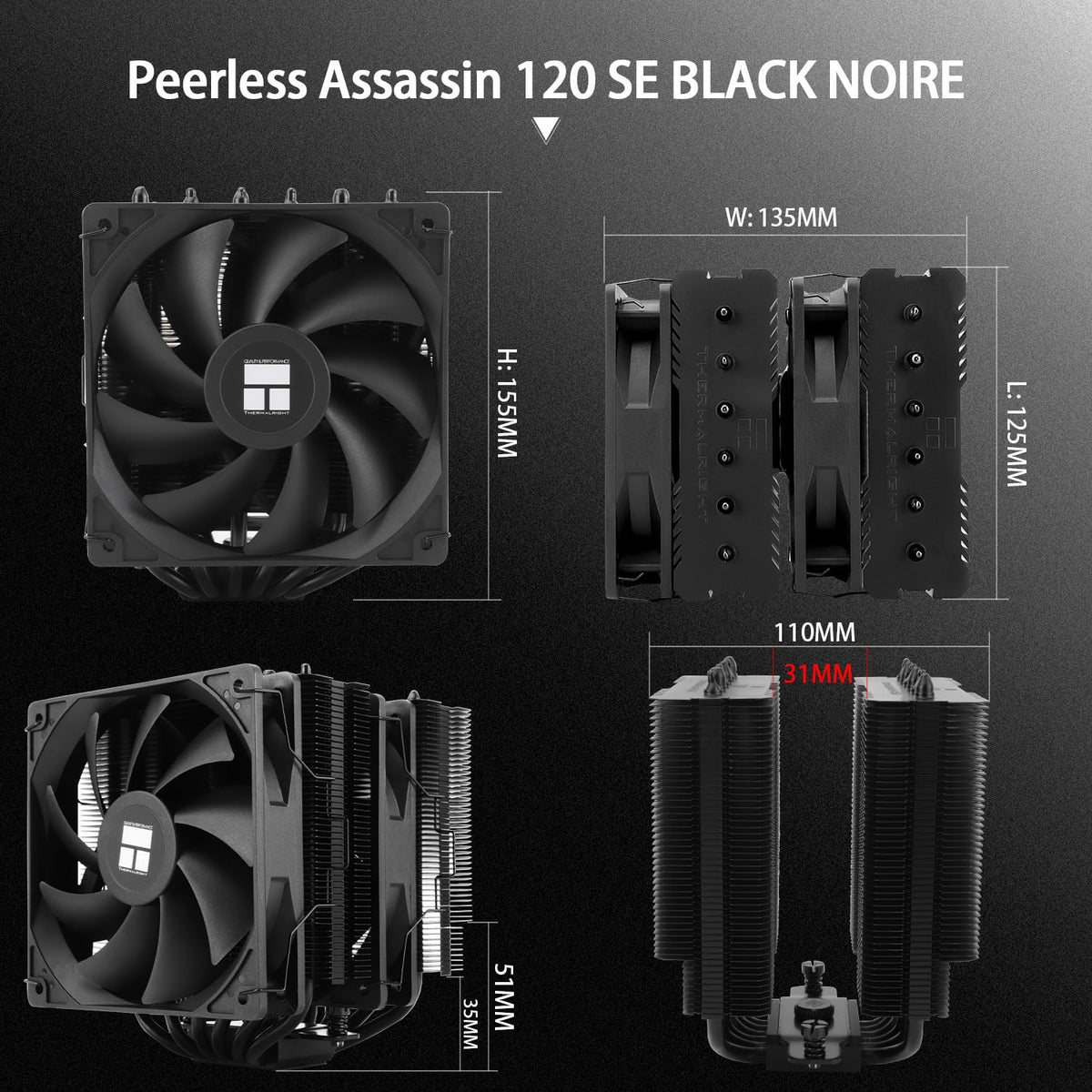 TR Peerless Assassin 120 SE svart, 6 värmerör, 2 x 155 mm, hög kylning PWM TL-C12C för AM4/AM5 och Intel LGA 1851/1700/1150/1151/1200 (svart, PA120SE)