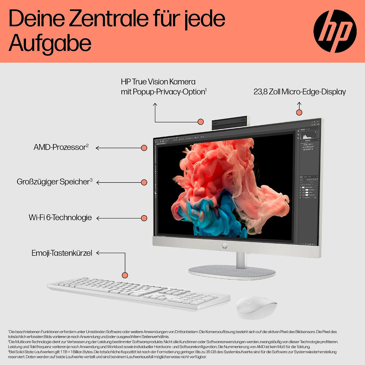 HP Allt-i-ett-stationär dator, 23,8 tums FHD-skärm, AMD Ryzen 5 7520U, 8 GB DDR5 RAM, 512 GB SSD, AMD Radeon-grafikenhet, Windows 11 Home, QWERTZ vit, exklusivt från Amazon