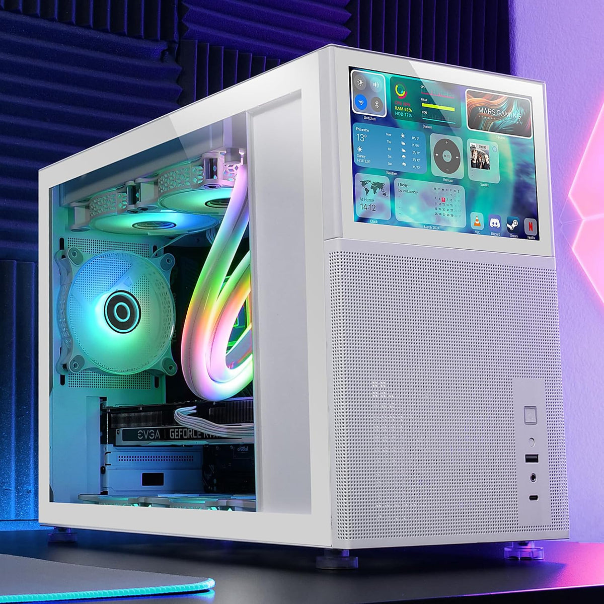 Mars Gaming MC-S1, ultrakompakt Micro-ATX PC-fodral, ARGB frontbelysning 12 lägen, FRGB-fläkt, spelfodral för helsidofönster, stöder vätskekylare upp till 120 mm, rosa