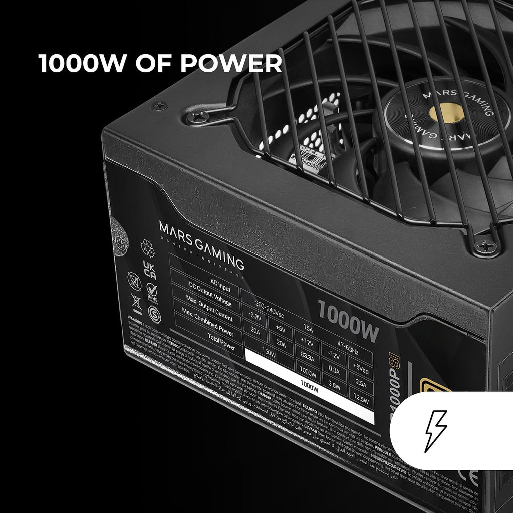 MARS GAMING MPB1000PSI, Fullmodulär ATX Nätaggregat 1000W, 10 Års Garanti, 80Plus Gold 90%, SI Fläkt 140mm, AI2-RPM, DC-DC och SMD Tekniker, ATX 3.1 och PCIe 5.1 med 12V 2x6 Kontakt, Svart