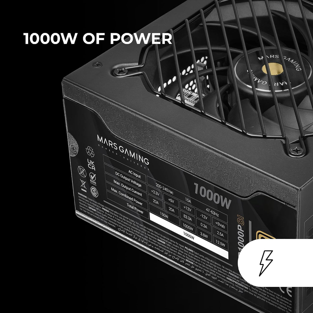 MARS GAMING MPB1000PSI, Fullmodulär ATX Nätaggregat 1000W, 10 Års Garanti, 80Plus Gold 90%, SI Fläkt 140mm, AI2-RPM, DC-DC och SMD Tekniker, ATX 3.1 och PCIe 5.1 med 12V 2x6 Kontakt, Svart